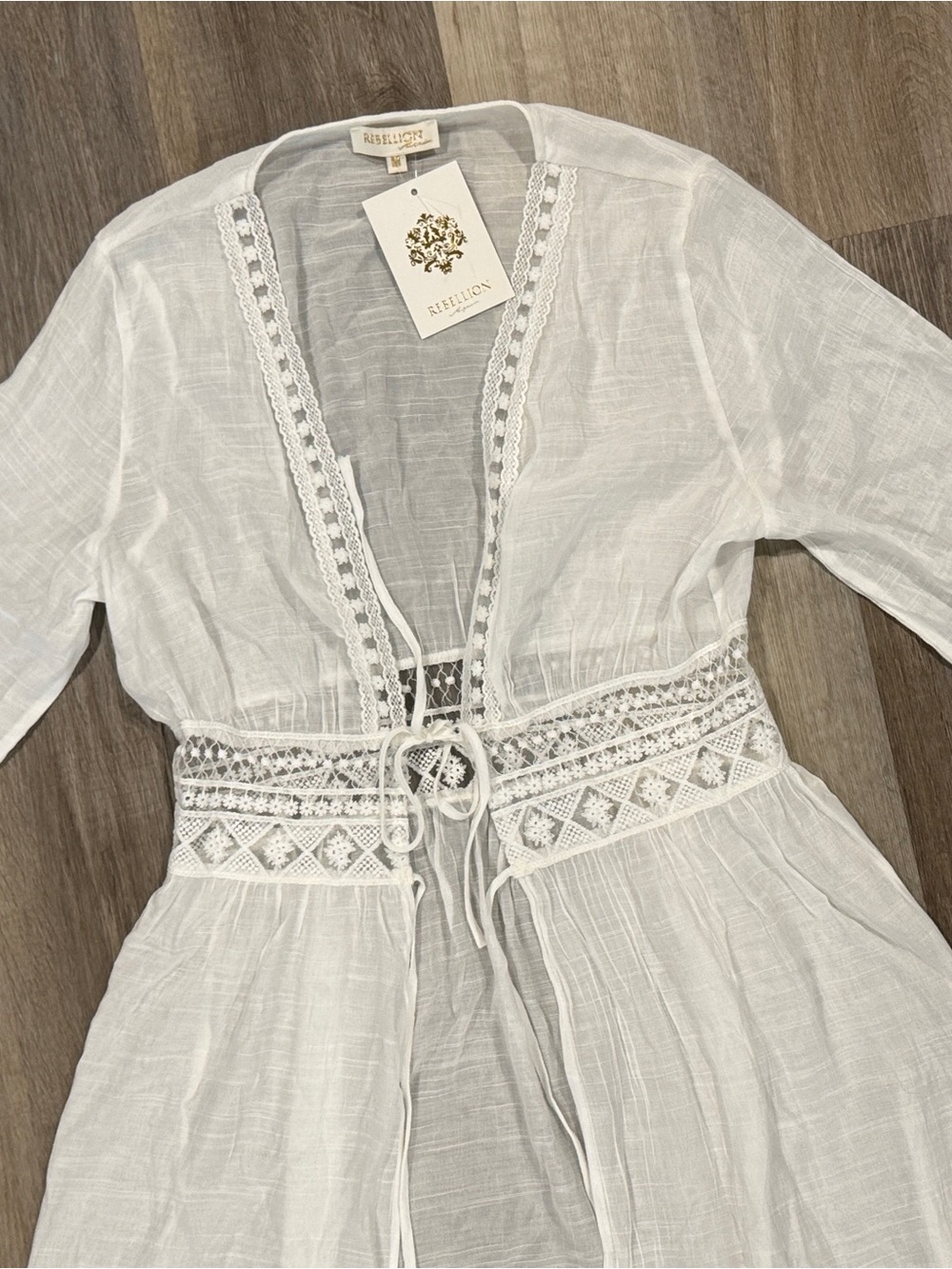 White Sheet Embroidered Tie-Waist Duster or Bathing Suit Cover - Picture 3 of 10